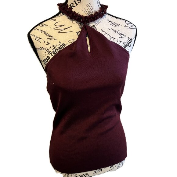 Vintage Ann Taylor Womens Maroon Knit Dressy Halter Top w/Beaded Collar - Size M - Picture 1 of 5